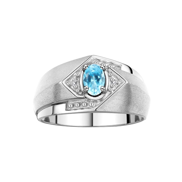RYLOS Mens Rings Sterling Silver Ring 6X4MM Oval Shape Gemstone & Diamond Ring Blue Topaz December Birthstone Rings For Man Silver Rings, Size 8