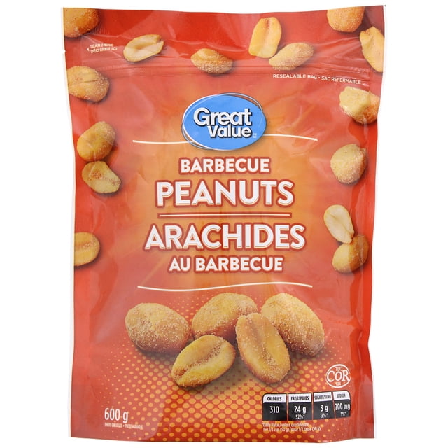 Great Value Barbecue Peanuts 600 g resealable bag with orange background featuring scattered barbecue-flavored peanuts and bilingual English-French text, nutrition facts, and kosher certification, often used as a nut topping for snacks and desserts.