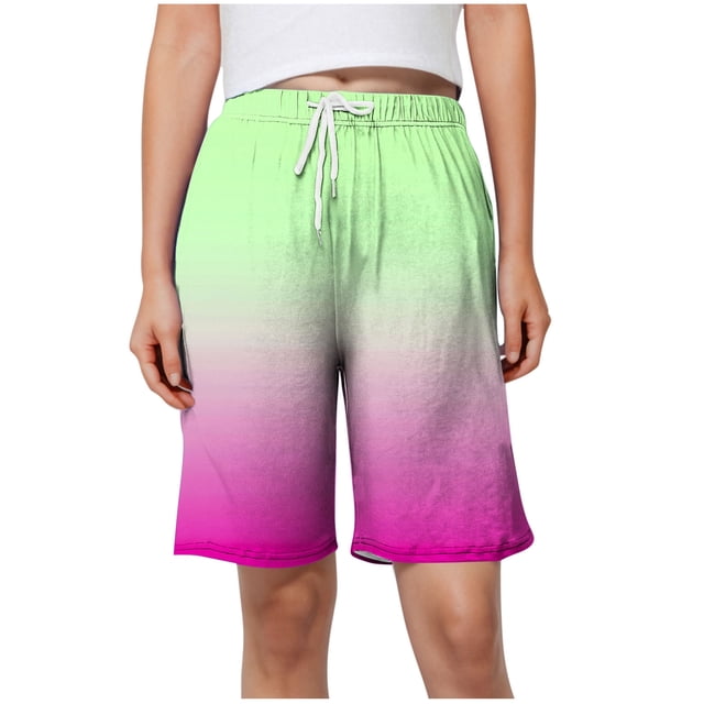Plebaso Womens Casual Shorts Knee Length Drawstring Shorts Gradient Color Summer Wide Leg Shorts S-5XL