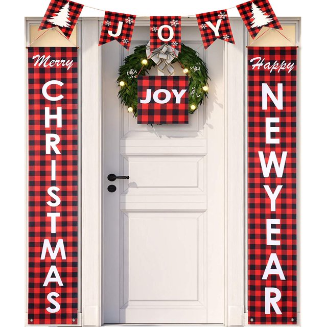 LNGOOR 3 Pcs Décorations de Noël pour la Maison - Décoration de Ferme Moderne - Joyeux Noël Bonne Année Panneaux de Porche à Carreaux Rouges - Bannières de Noël pour Porte d'Entrée Extérieure Salon Cuisine