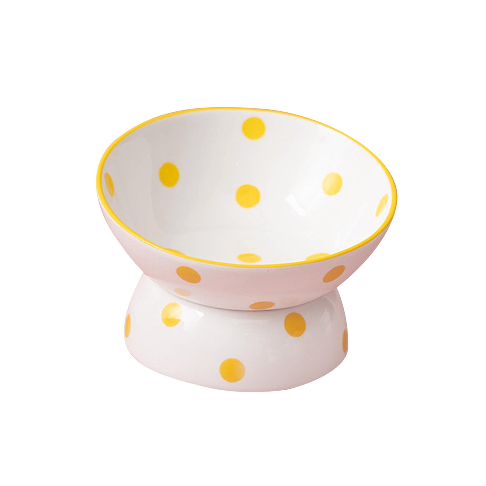 200ml Ceramic Tilted Raised Cat Food Bowl Slant Porcelain Pet Cat Dish Accessory Yellow Dots