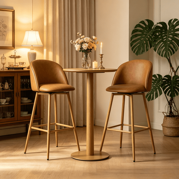 Homy Casa  tabourets de comptoir lot de 2, PU brun pivotant, pieds aspect chêne