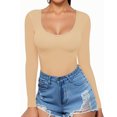 thumbnail image 2 of Chandails à Manches Longues pour Femmes Hauts Ajustés Col Rond T-Shirts Ajustés Hauts de Sortie T-Shirts Basiques Beige, 2 of 6