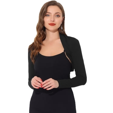 INSPIRE CHIC Boléros pour Femmes à Manches Longues Printemps Été en Tricot de Coton à devant Ouvert Boléros Courts P Noir