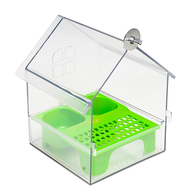 Pull-Out External Parrot Feeder and Transparent Hanging Bird Bath for Cage - No Mess Design with Pull-Out Tray, Two Food Slots for Small Medium Birds, Easy to Fill and Clean