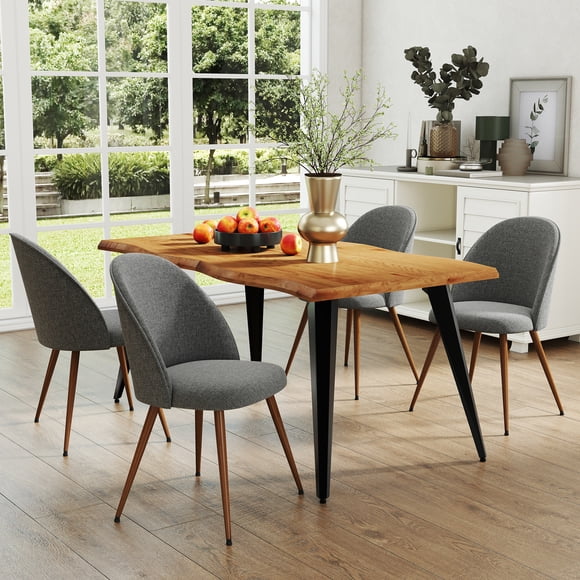 Ensemble table à manger Homy Casa 160 cm avec 1 table et 4 chaises à dossier haut, plateau en noyer moderne à bords ondulés, revêtement en tissu naturel, revêtement en tissu gris