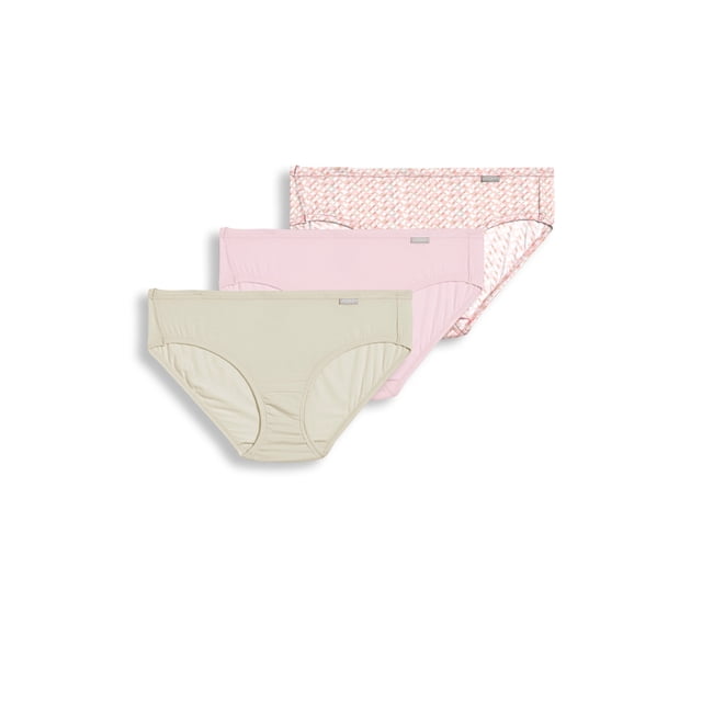 Jockey Women's Supersoft Bikini - 3 Pack featuring mid-rise, full-coverage women's bikini underwear made from a luxurious TENCELmodal blend with 93% modal and 7% spandex. Includes three designs: solid beige, solid pink, and pink patterned. Ideal for comfort and stretch.