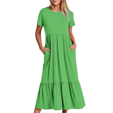 Penkiiy Women's Summer Casual Short Sleeve Crewneck Basic Swing T Shirt Dress Flowy Beach Vacation Sundress XL Green