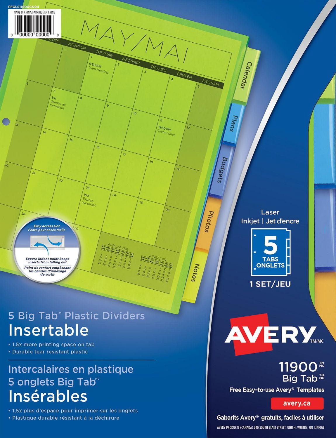Avery Big Tab Intercalaries en plastique insérables, 9¼po x 11⅛po, 5 onglets, 1 jeu - 11900