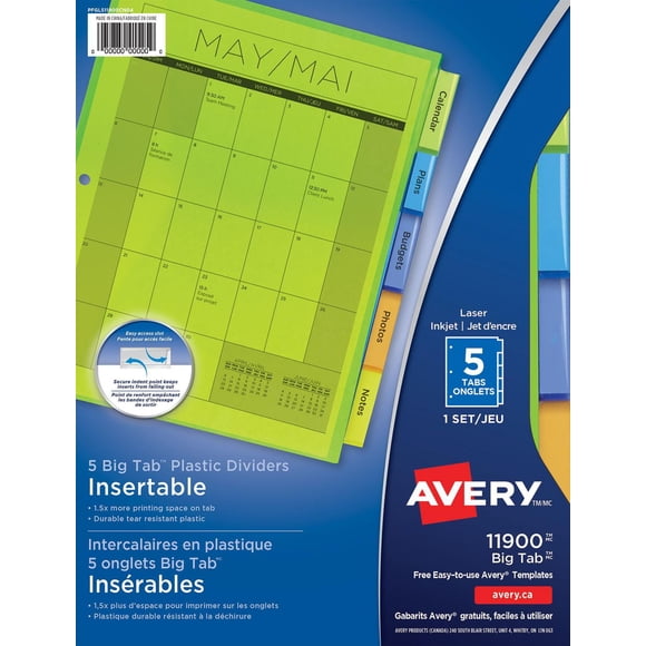 Avery Big Tab Intercalaries en plastique insérables, 9¼po x 11⅛po, 5 onglets, 1 jeu - 11900