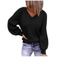 thumbnail image 1 of Pompotops Mode Dames Décontracté Uni Manches Longues Col en V Pull Ample Blouse Femme, 1 of 4