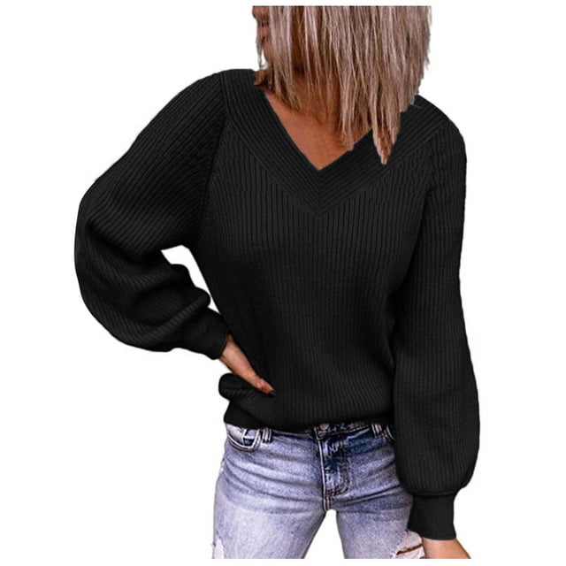 Pompotops Mode Dames Décontracté Uni Manches Longues Col en V Pull Ample Blouse Femme