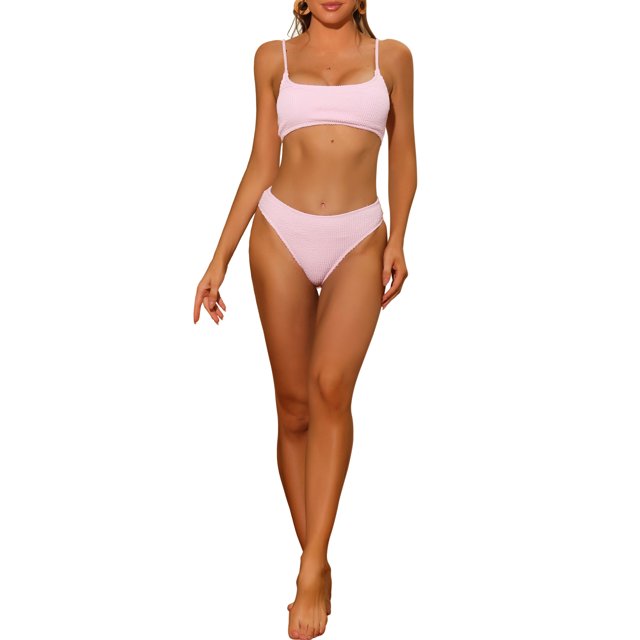 Women's 2 Piece Ribbed Bikini Sets, Adjustable Spaghetti Straps Sports Swimwear Bathing Suits Pink L