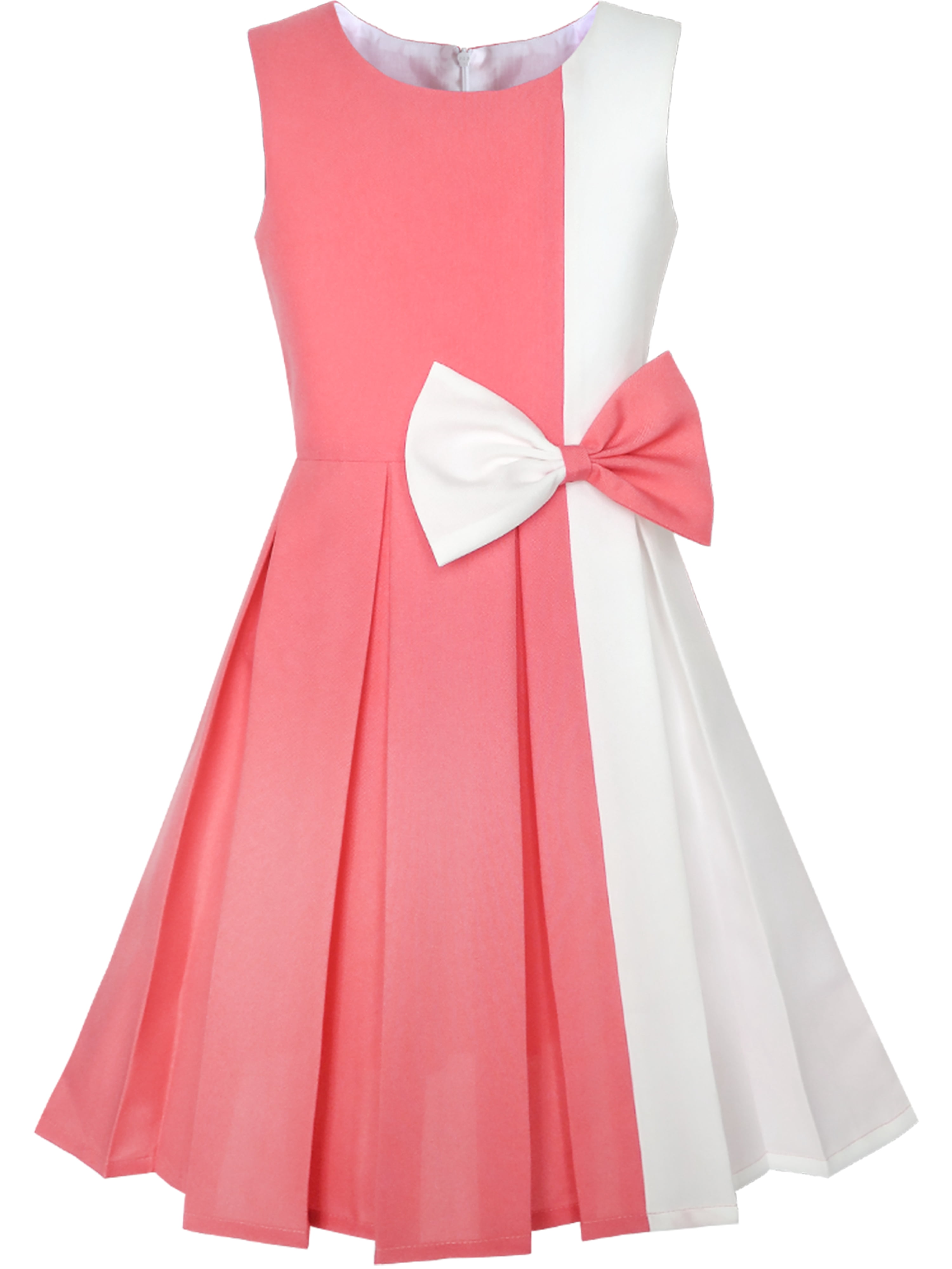 Girls Dress Color Block Contrast Bow Tie Coral White Party 14 Years
