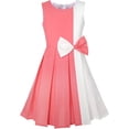 thumbnail image 1 of Girls Dress Color Block Contrast Bow Tie Coral White Party 7 Years, 1 of 7
