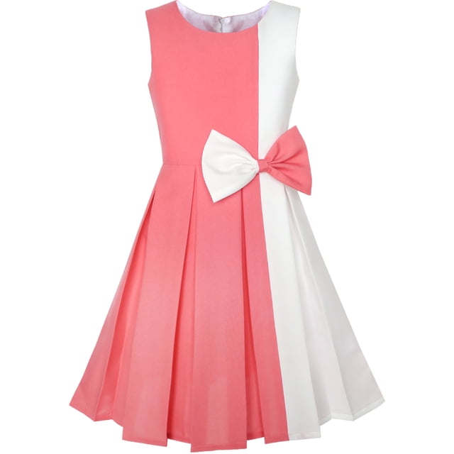 Girls Dress Color Block Contrast Bow Tie Coral White Party 7 Years