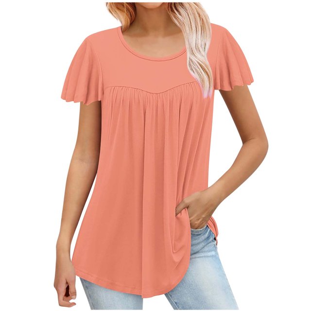 FAIWAD Tunique d'Été pour Femme à Manches Courtes, Col Rond, T-Shirt Décontracté Plissé, Ample et Fluide