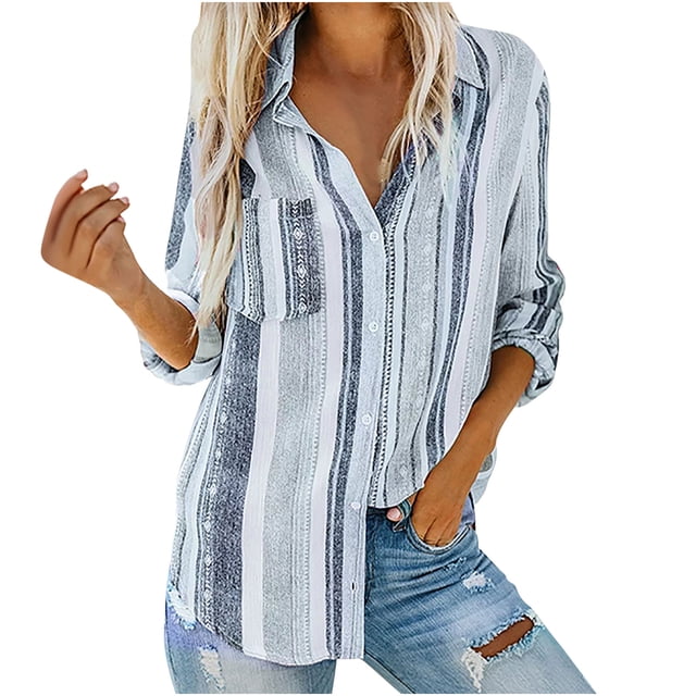Cameland Chemisiers Hauts pour Femmes à Col en V à Rayures à Manches Retroussables Boutonnés avec Poche Chemise Ample