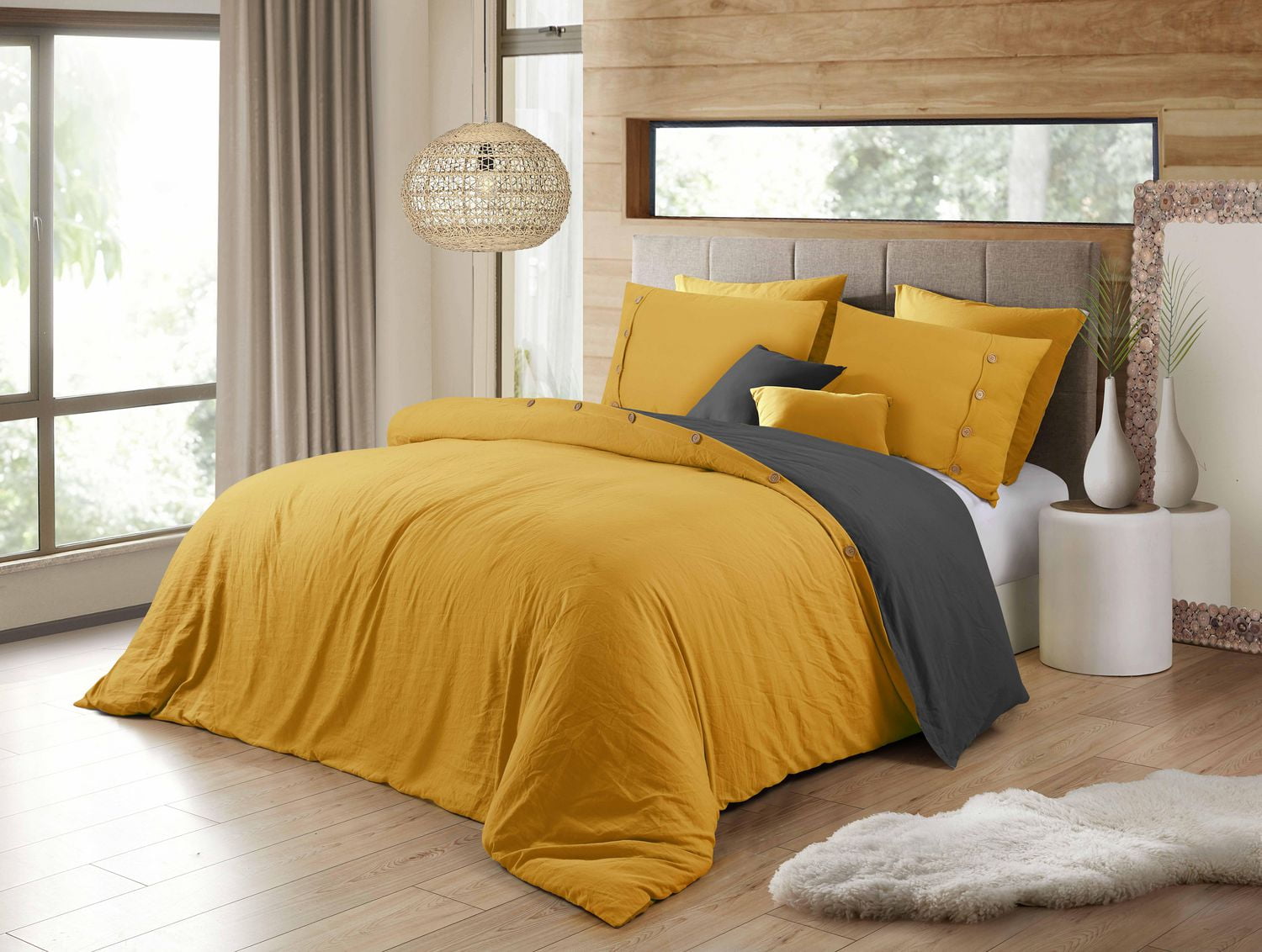 Swift Home Ensemble housse de couette réversible unie ultra douce avec fermeture décorative à boutons, Grand lit, Moutarde