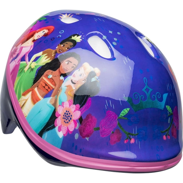 Bell Sports Disney Princess™ Toddler Bike Helmet brightly colored toddler bike helmet, front-facing full-shell view showing printed Princess characters Tiana, Ariel, Moana, Jasmine and Cinderella, six vents, soft interior padding, PinchGuard™ non-pinching buckle, reflective details, extended rear coverage and one-step True Fit™ chin-strap adjustment; often used for scooter or trike play.