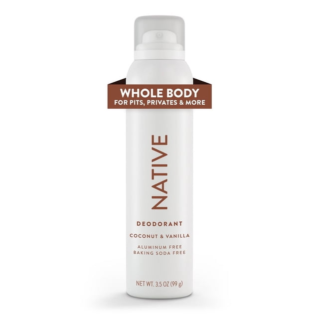 Native Whole Body deodorant, Coconut & Vanilla, 99G, white spray bottle with brown text, aluminum-free and baking soda-free formula offering clinically proven all-day odor protection, safe for sensitive skin and whole body use including pits and privates, 3.5 oz (99 g)