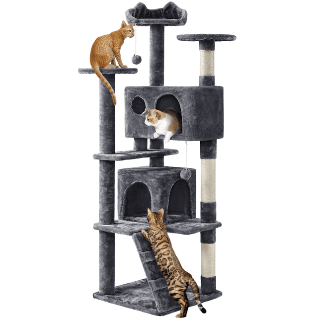 Yaheetech 62.5"H Cat Tree Tower with 3 Scratching Posts, Dark Gray