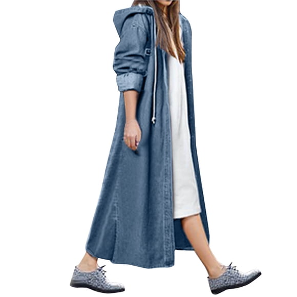 DondPO Jean Jacket Women Hooded Outwear Long Casual Denim Women Long Overcoat Jacket Coat Jean Sleeve Women's Blouse Womens Jean Jacket Jean Jacket for Women Trendy Blue 4XL Clearance!