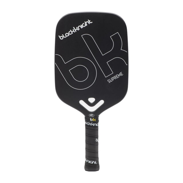 Black Knight Supreme Pickleball Paddle with an elongated black 3k woven carbon face, white 'bk' and 'blackknight' logos, polymer honeycomb core, and black grip wrap, measuring 16.375 by 7.4 inches, suitable for midweight pickleball play and extended reach.