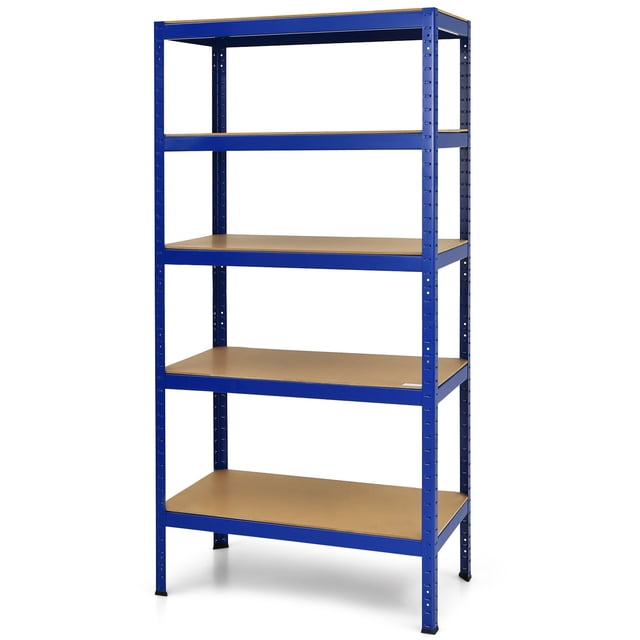 Gymax 72'' Steel 5-tier Garage Shelf Metal Storage Adjustable Unit Blue. This free-standing shelving unit features a durable steel frame with a vibrant blue finish and five MDF shelves. Each shelf supports up to 585 lbs when evenly distributed, making it ideal for storing tools, books, or household items. The height of each layer is adjustable, offering customizable storage solutions for garages, offices, or warehouses. Dimensions: 36''L x 18''D x 72''H. Assembly required.