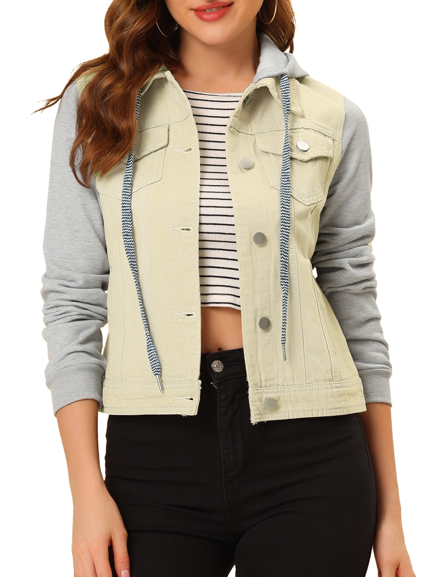 INSPIRE CHIC Veste en Denim à Capuche à Cordon Superposée pour Femmes avec Poches