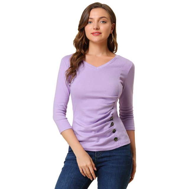 INSPIRE CHIC Women's Button Decor V Neck 3/4 Sleeve Solid Blouse Knitted Ruched Top
