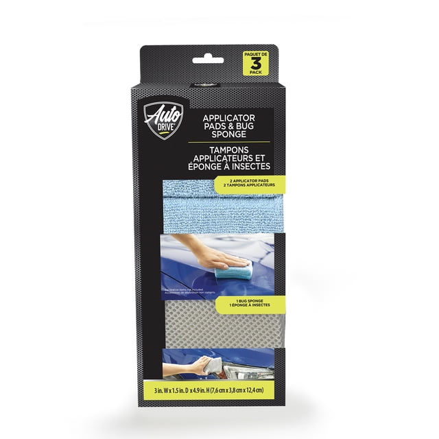 Auto Drive Microfibre Wax Applicator Pads & Bug Sponge 3 pack with two light blue microfiber applicator pads for applying wax and protectants evenly and one grey mesh bug sponge for safely removing bugs and dirt from vehicle surfaces, measuring 3 x 1.5 x 4.9 inches, suitable for automotive detailing and car care.