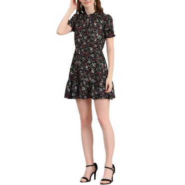 INSPIRE CHIC Women's Ruffle Dress Summer Chiffon Tie Neck Puff Short Sleeve Floral Smock Dress XL Black-White