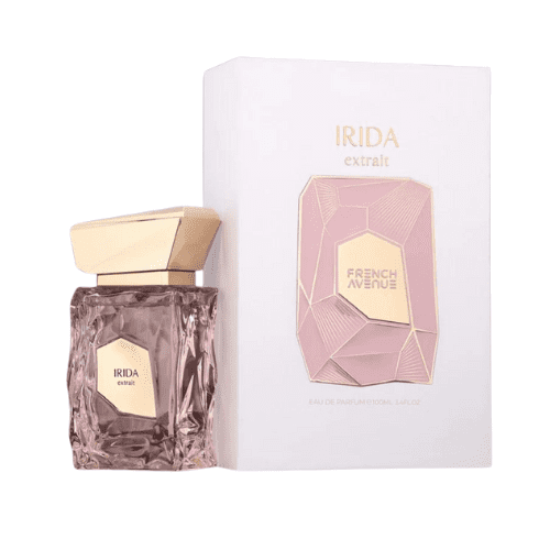 Fragrance World French Avenue Irida Extrait Extrait de Parfum pour Elle, 100 ml / 3.4 Fl. oz., un Parfum de Luxe pour Femme dans une Bouteille en Verre Rose Pâle Facettée avec un Bouchon Ton Or, Assorti à une Boîte Assortie avec des accents Géométriques Rose et Or.