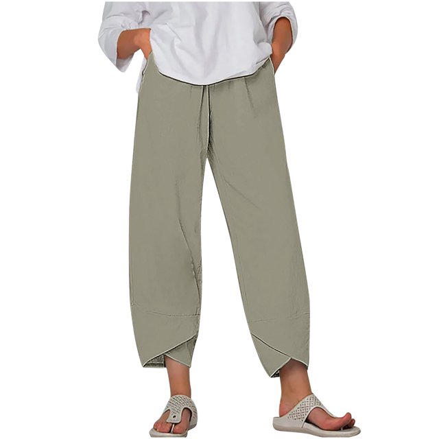 Timegard Plus Size Pants for Women Elastic Waist Solid Color Comfy Fall Casual Crop Pants with Pockets