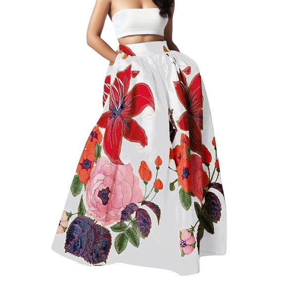 Women Bohemian Floral Print Maxi Skirt High Waist Pocket Party Beach Long Skirt Long Dresses for Women Women's Fall Dresses Graduation Dress for Women Summer Work Dresses Dresses for Young Women