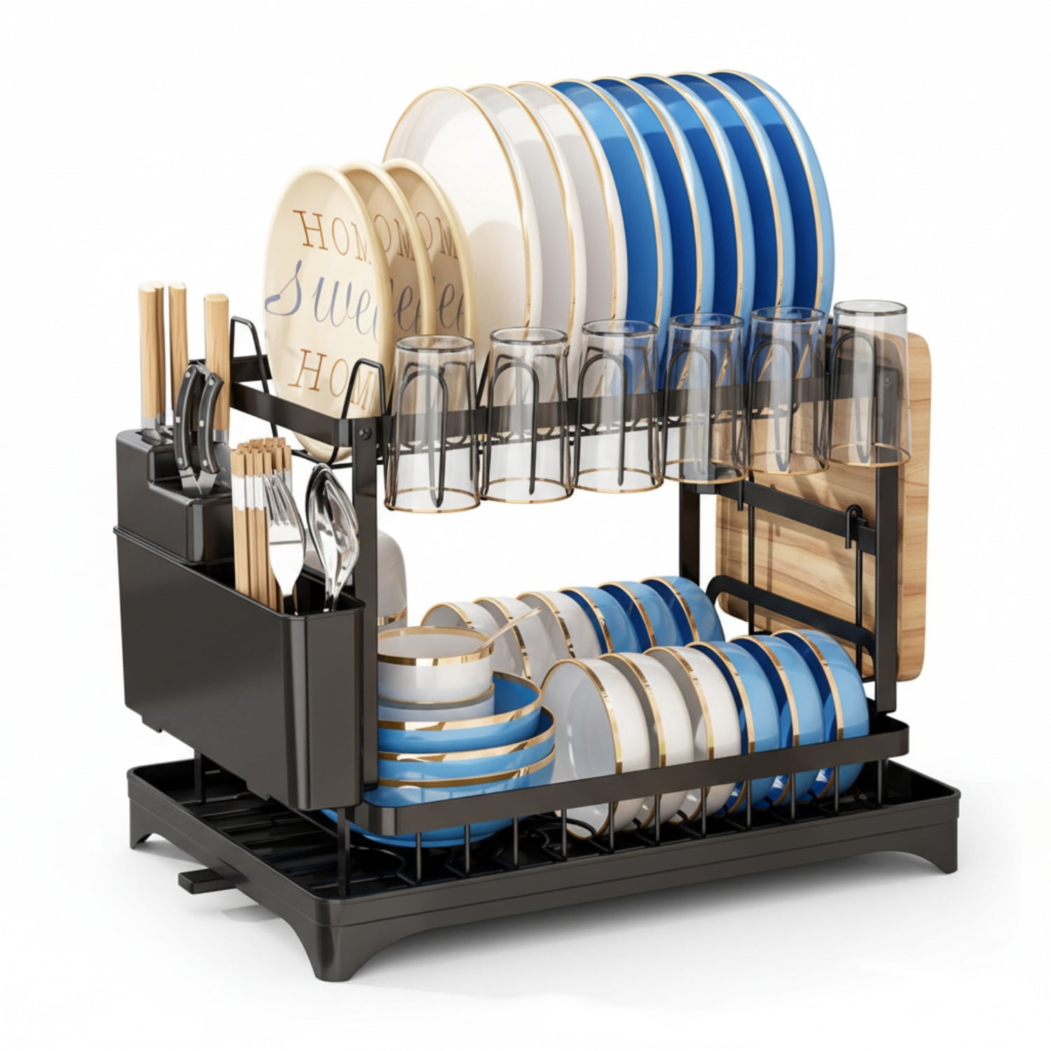 axGear Dish Rack Sink Rack Drain Strainer Basket 2 Tier Drying Kitchen Over the Sink with Drainboard and Utensil Holder