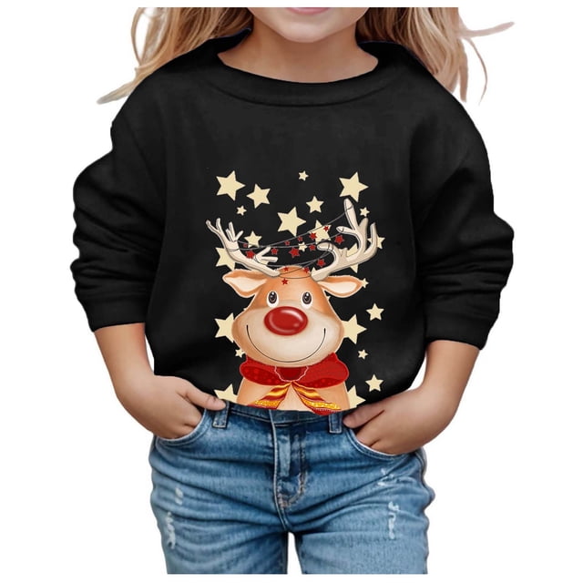 PMVFHDE Liquidation Chandails en Molleton Mignons pour Filles Automne et Hiver Imprimé de Noël Col Rond Manches Longues Décontracté Sans Capuche Chandails en Molleton Mignons, Noir, 13-14 Ans