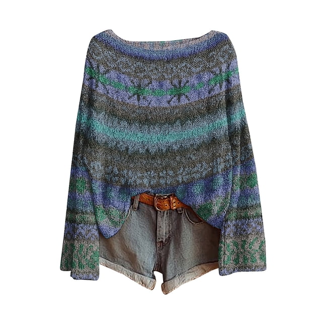 WTXUE Chandail Rétro Fair Isle pour Femme, Imprimé Artistique, Vintage, Col Rond, Haut à Enfiler Léger, Hauts Bohèmes, Tribal Ethnique, Graphique, Tricot Court, Bohème, Manches Longues, Épaules Tombantes, Chandail à Enfiler, Bleu, M