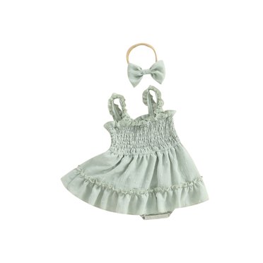 EYIIYE Tenue d'Été 2 Pcs pour Tout-Petit Bébé Fille 3M 6M 1T 2T Nourrisson Combinaison-Robe Sans Manches à Bretelles Robe Barboteuse à Pois Suisses Robe Justaucorps Plissée avec Bandeau Ensemble Mignon Décontracté Vêtements Doux