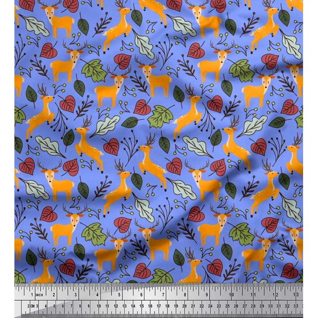 Soimoi Polyester Crepe Fabric Leaves & Reindeer Animal Decor Fabric Printed Yard 42 Inch Wide
