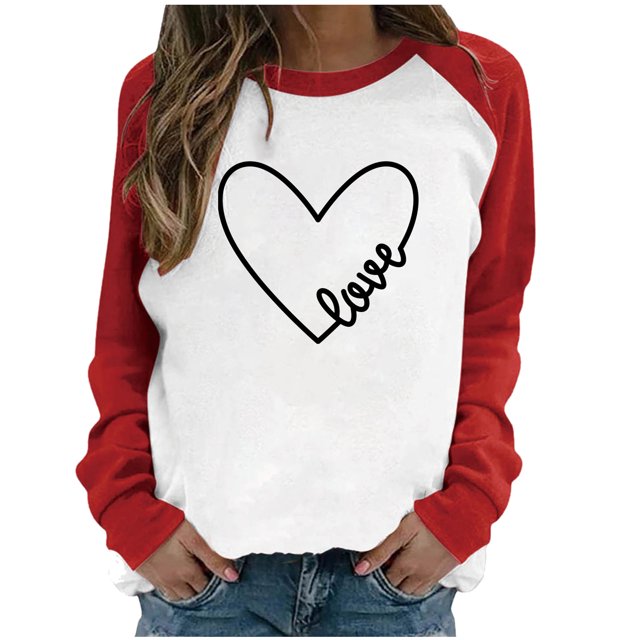 Qertyioot T-Shirt Graphique pour Femmes de la Saint-Valentin à Manches Longues, Imprimé pour la Mode Décontractée, Chandail à Col Rond, Hauts, Blouse
