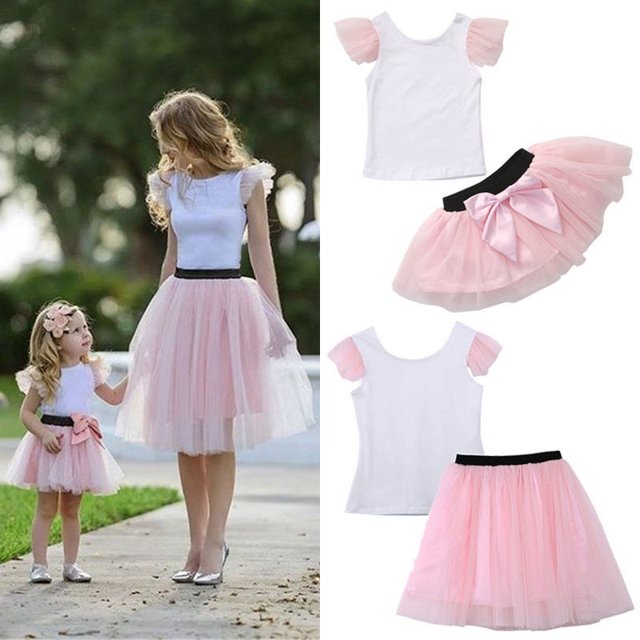 Mère Fille Femmes Enfant Filles Été T-shirt Hauts Jupe Robe en Tulle Tenues Assorties Ensemble