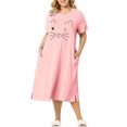 thumbnail image 2 of Agnes Orinda Nuisettes pour Femmes Grande Taille Col Ras du Cou Manches Courtes Robe de Nuit Imprimé Chats Pyjamas Détente Maison avec Poche 4X Rose, 2 of 8