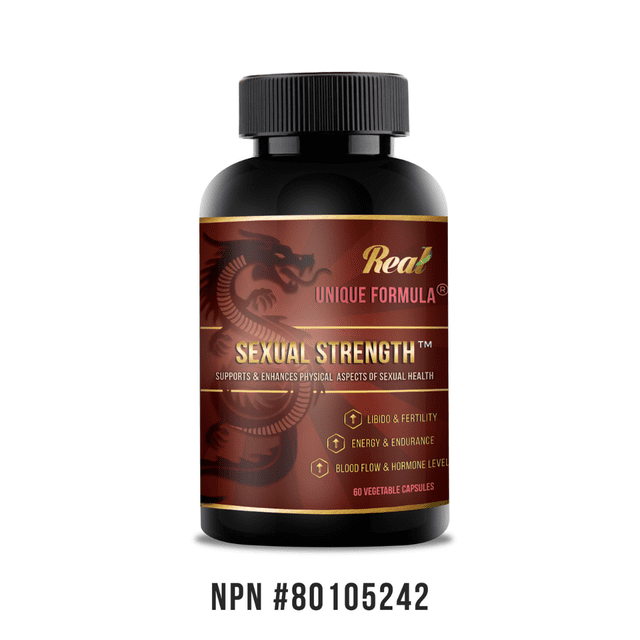 Unique Formula Sexual Strength Supplement with Black Maca and Korean Red Ginseng, 60 capsules. Designed to support libido, energy levels, and blood flow, this supplement aids physical and mental performance during fatigue and stress. The bottle features a dark red label with a dragon design, gold accents, and NPN #80105242 displayed below.