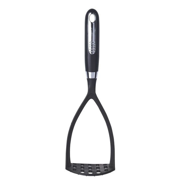 Mainstays™ Presse-Purée avec une Poignée Ergonomique Noire avec accent Argenté et Trou de Suspension, et une Grand Plaque de Purée Perforée Conçue pour Écraser Efficacement les Pommes de Terre, Va au Lave-Vaisselle et Convient pour Écraser d'Autres Légumes Mous.