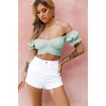 thumbnail image 3 of Women's Ruffle Short Sleeve Tie Up Back Crop Top Off Shoulder Bardot Blouse,Mint Green,M, 3 of 7