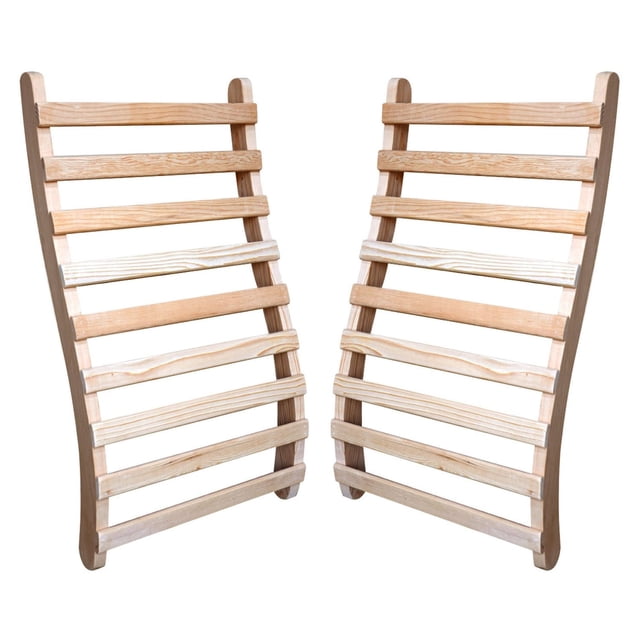 Radiant Saunas Radiant Sauna Universal Sauna Backrest set of two ergonomically shaped backrests made from solid Canadian hemlock wood with horizontal slats, measuring 27.5 by 15 by 4 inches, designed to provide ergonomic support and comfort inside portable saunas, also suitable for repositioning to create a personalized relaxation space.