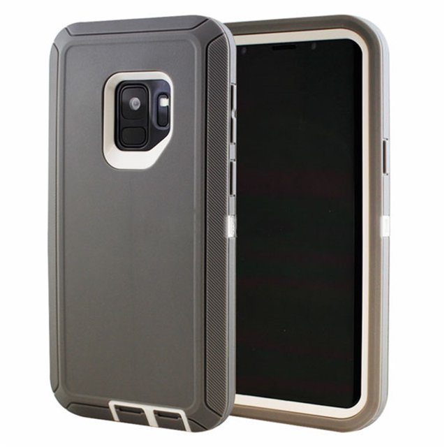 Samsung Galaxy S9 Hard Case by Phonesmart in grey, featuring a triple-layer shockproof design with anti-drop protection. The case includes precise cutouts for buttons, ports, and controls, along with a dust plug for the charging port. Its raised edges and reinforced corners provide enhanced protection against scratches, drops, and dust. The durable 3-in-1 armor construction ensures heavy-duty defense for daily use.