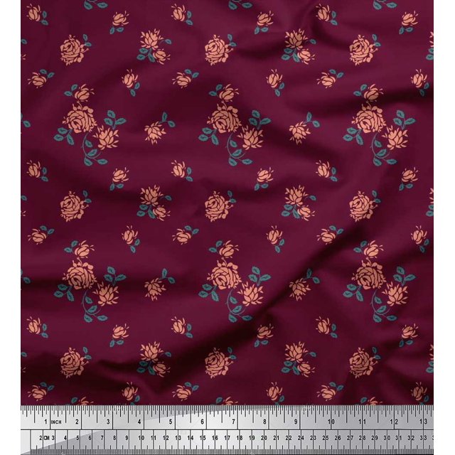 Soimoi Tissu Popeline de Coton Feuilles & Roses Imprimés Floraux au Mètre 56 Pouces de Large